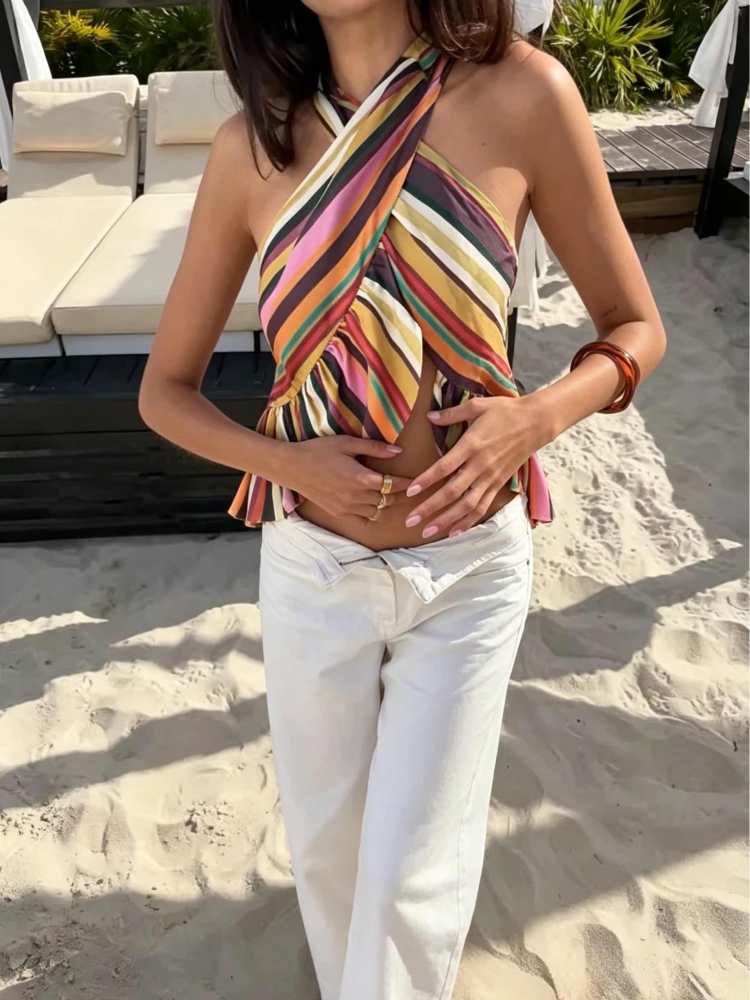 Suspender Tank Top - Chic Women Striped Top Halter Sleeveless